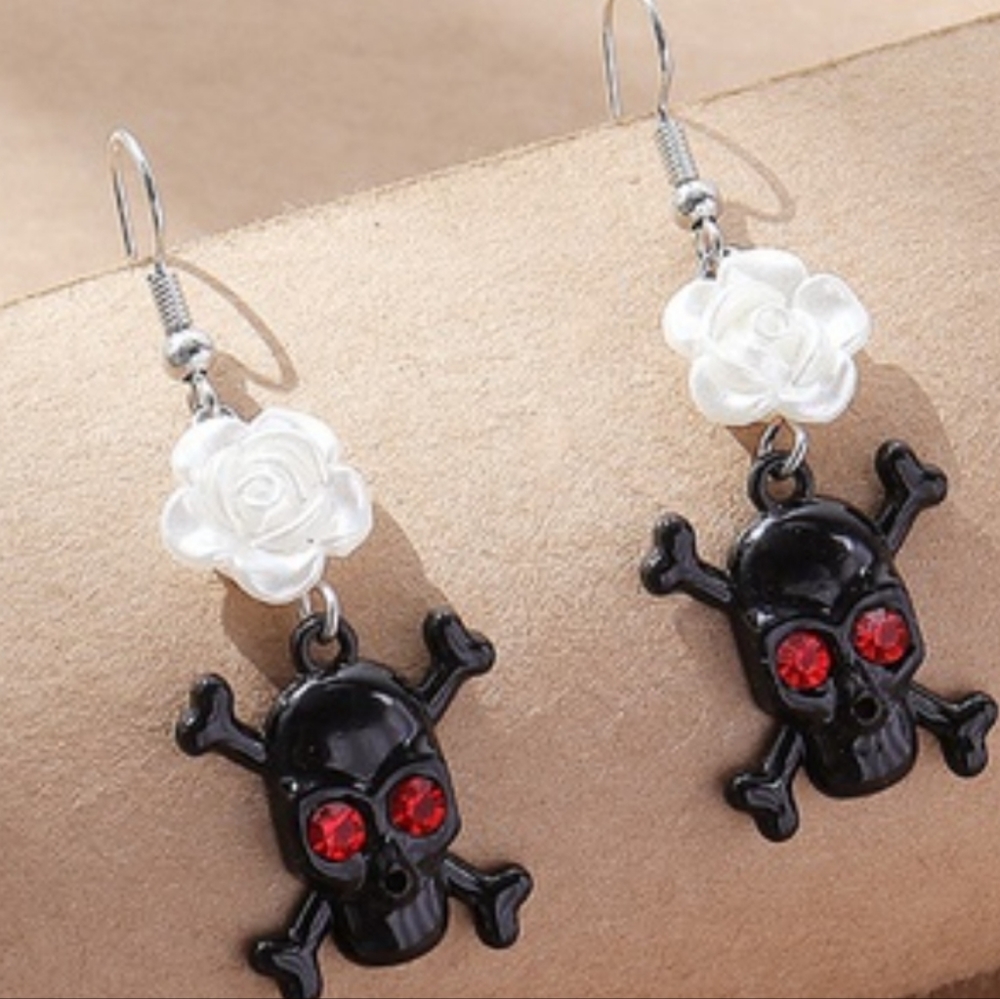 Skull & Crossbone Dangle Drop Earrings With Red Gems/Rinestones For Eyes - Picture 4 of 7